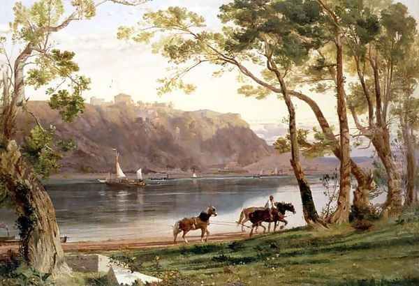 River landscape with barge horses, 1860 Oil Painting by Frederick Lee Bridell