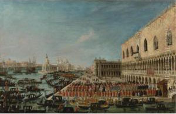 A View Of The Molo, Venice, 
Looking West With A Procession Of Ambassadors And Attendants Entering 
The Palazzo Ducale Oil Painting by Gabriele Bella