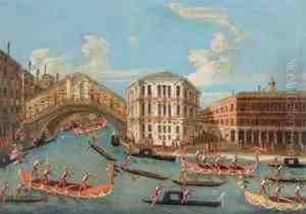 Regata Con Gondole Addobbate Sul
 Canale Grande A Venezia Con Il Ponte Di Rialto E Il Palazzo Dei 
Camerlenghi Oil Painting by Gabriele Bella