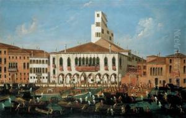 The Palazzo Correr, Venice, With
 A Senator And His Attendants Watching Wrestlers On A Pontoon, And 
Numerous Vessels On The Grand Canal Oil Painting by Gabriele Bella