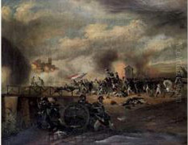 Au Premier Plan Des Canonniers 
Chargent Leur Canon Tout En Le Pointant Sur La Rive Opposee. A Droite Un
 Soldat Retient Par La Bride Le Coursier Blanc De Bonaparte, Tandis Que 
Celui-ci S'elance A L'avant Du Pont Jete Sur L'alpon En Brandissant Le 
D Oil Painting by Joseph-Louis Hippolyte Bellange