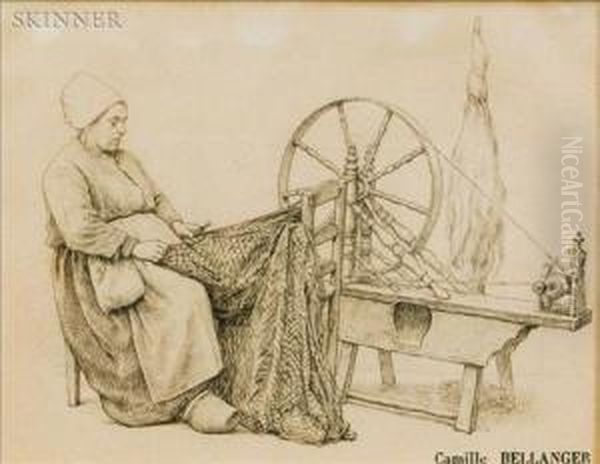 Woman At Spinning Wheel Oil Painting by Camille Felix Bellanger