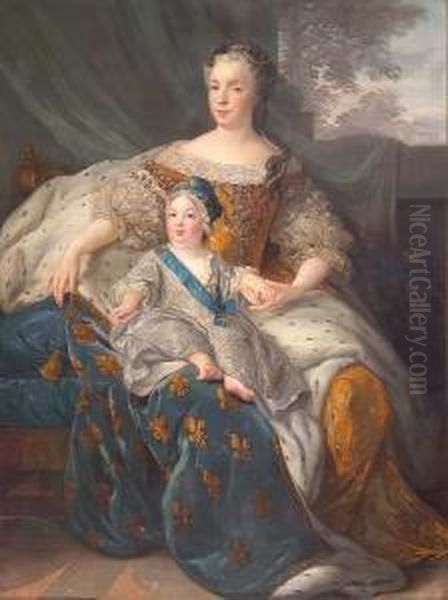 A Portrait Of Marie Leszczynska,
 Queen Of France, Full-length, Seated, Holding Her Son, The Dauphin Oil Painting by Alexis-Simon Belle