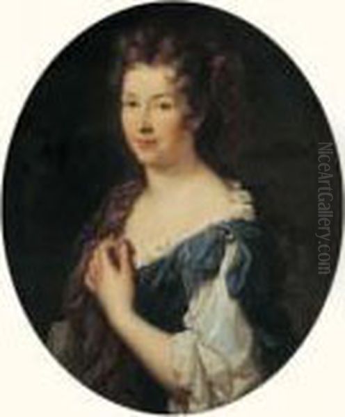 Portrait De Femme A La Robe Bleue Oil Painting by Alexis-Simon Belle