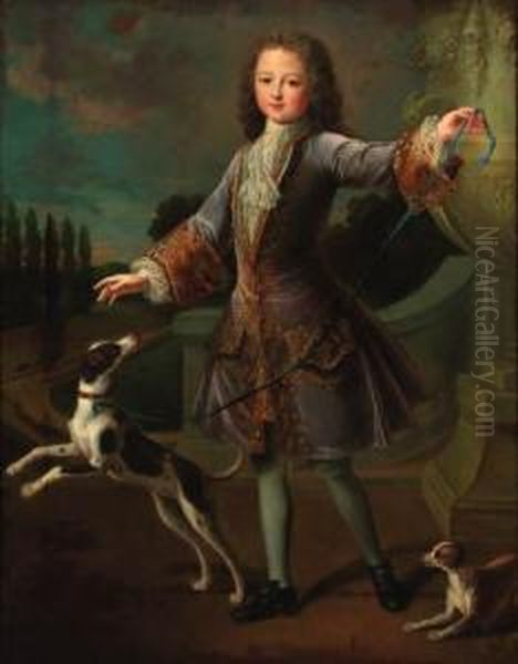 Portrait Of A Young Gentleman, 
Standing Full-length, In A Lilaccoat With Gold Embroidery And A Lace 
Cravat, With Two Dogs In Agarden Oil Painting by Alexis-Simon Belle