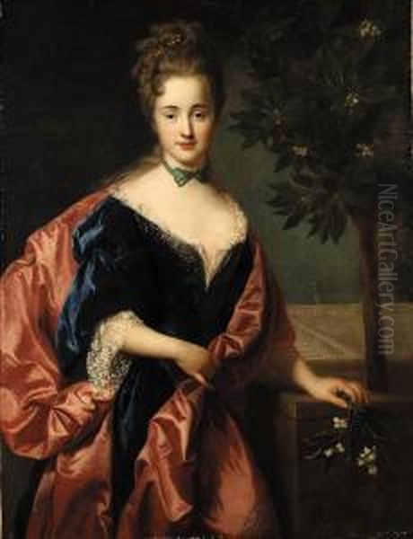 Portrait Of A Lady, Standing 
Three-quarter Length, Beside An Orangetree, Holding A Sprig Of Orange 
Blossom, A Formal Gardenbeyond Oil Painting by Alexis-Simon Belle