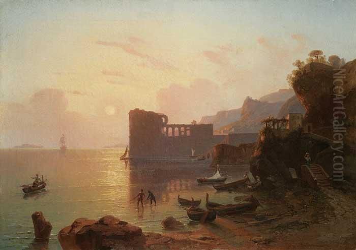 Palast Der Konigin Johanna Bei Neapel Oil Painting by Ferdinand Konrad Bellermann