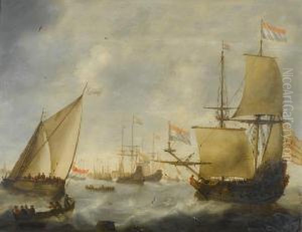 Dutch Shipping In Choppy Seas Oil Painting by Jacob Adriaensz. Bellevois
