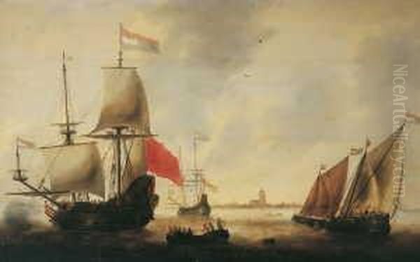 Reede Vor Veere (oder 
Dordrecht?) Ankernden Fregatte Gerudert. Die Fregatte Lost Zur Begrusung
 Des Flottenfuhrers Einen Salutschus. Rechts Eine Mit Seeleuten Und 
Material Beladene Sprietgetakelte Kaag. Etwas Weiter Im Hintergrund Eine
 Fleute. Oil Painting by Jacob Adriaensz. Bellevois