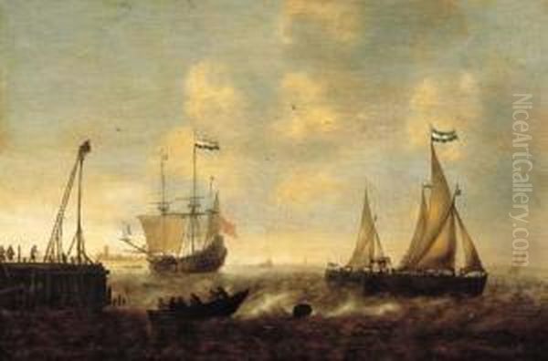 Smallships, A Threemaster And A 
Pink On A River By A Jetty In A Stiff Breeze, A Town In The Distance Oil Painting by Jacob Adriaensz. Bellevois