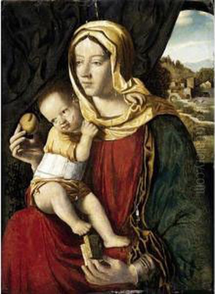 Madonna And Child Seated Before A Curtain, A Landscape Beyond Oil Painting by Giovanni Bellini