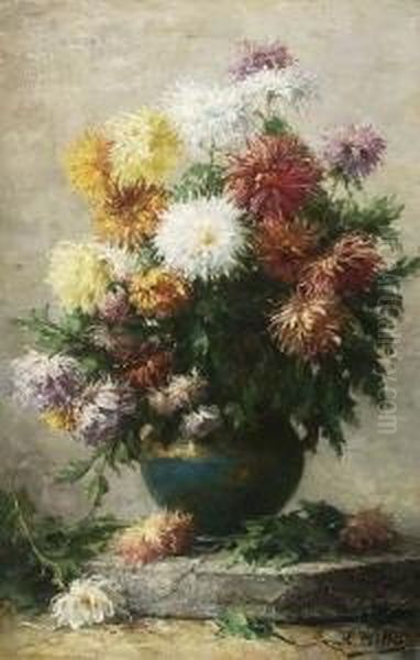 Chrysanthemen In Blauer
 Vase. Oil Painting by Hubert Bellis