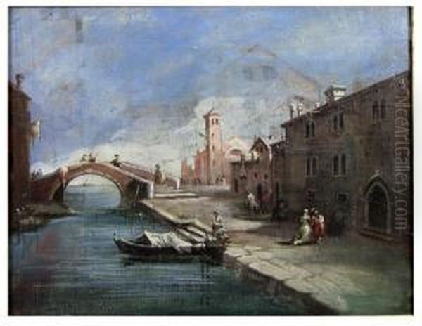 Venetian Canal View With Figures Oil Painting by Bernardo Bellotto