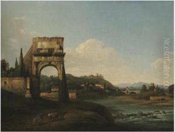 A River Landscape With A Ruined 
Classical Arch And A Herder And Hiscattle In The Foreground Oil Painting by Bernardo Bellotto