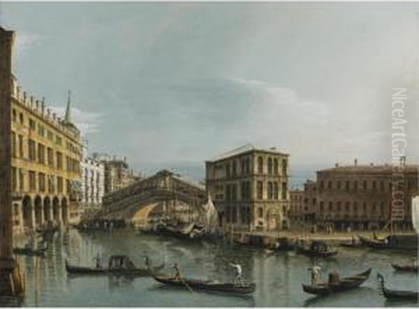 Venice; View Of The Grand Canal 
With The Rialto Bridge, Seen From The North, The Fondaco Dei Tedeschi At
 Left, The Palazzo Dei Camerlenghi And The Fabbriche Vecchie Di Rialto 
At Right Oil Painting by Bernardo Bellotto