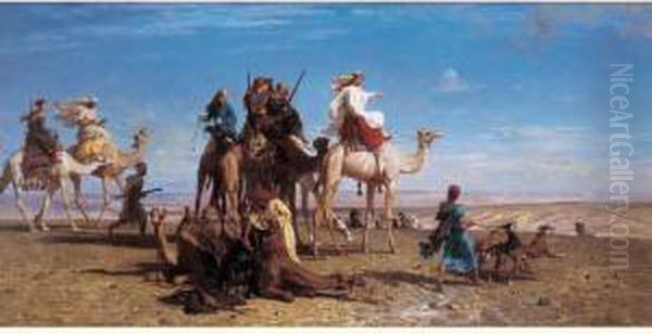 Le Depart Pour La Chasse, Palestine. Oil Painting by Leon-Auguste-Adolphe Belly
