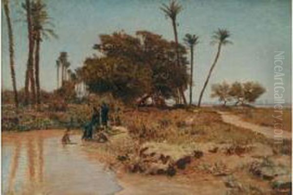 Ile De Gizeh, (le Caire) Femmes Se Baignant, Vers 1857-1858 Oil Painting by Leon-Auguste-Adolphe Belly
