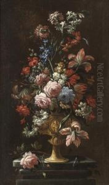 Roses, Carnations, Parrot 
Tulips, Narcissi And Other Flowers In Asculpted Urn On A Plinth Oil Painting by Andrea Belvedere