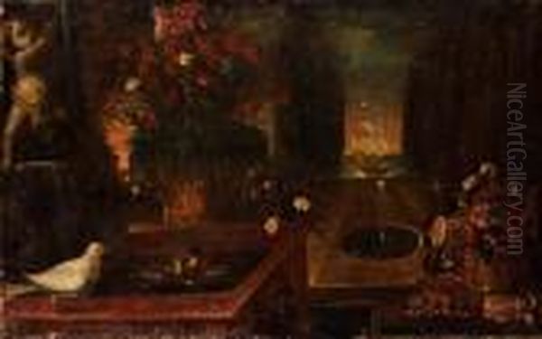 Stilleben Med Blommor, Faglar Och Fontan Oil Painting by Andrea Belvedere