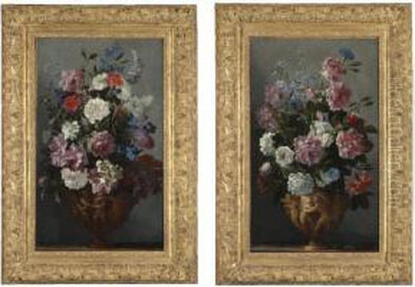 A Still Life Of Peonies, Roses, 
Carnations, Morning Glory, Hyacinths And Other Flowers In A Sculpted 
Vase;
 A Still Life Of Peonies, Roses, Carnations, Bluebells And Other Flowers
 In A Sculpted Vase Oil Painting by Andrea Belvedere