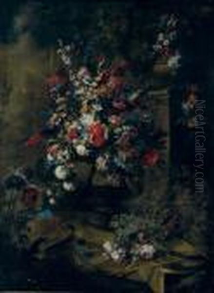 Roses, Tulips, Hydrangea And 
Other Flowers In An Urn, A Second Urn On A Pedestal, A Landscape Beyond Oil Painting by Andrea Belvedere