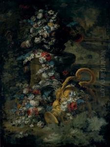 Tulips, Roses, Bluebells And 
Other Flowers In An Urn, On A Pedestal, A Second Urn Below And A 
Fountain Beyond Oil Painting by Andrea Belvedere
