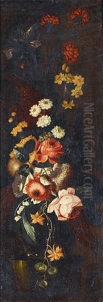 A Still Life Of Carnations, 
Narcissi, Roses And Other Flowers In A Glass Vase On A Stone Ledge; And A
 Still Life Of Roses, A Peony, Narcissi, Snowdrops And Other Flowers In A
 Glass Vase On A Stone Ledge Oil Painting by Andrea Belvedere