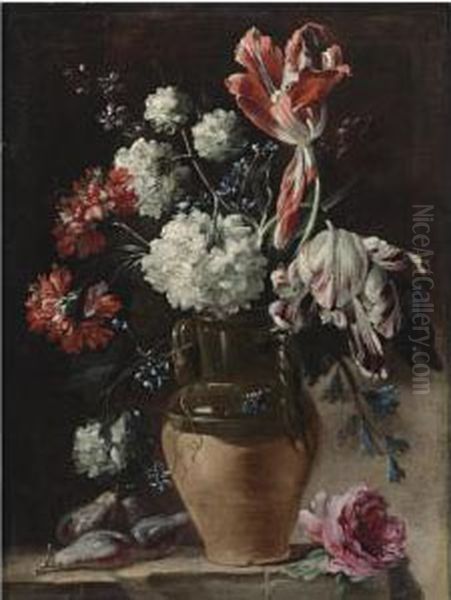 Still Life With Tulips, 
Carnations And Other Flowers In A Ceramic Vase, A Bunch Of Figs, And A 
Rose, All Resting On A Stone Ledge Oil Painting by Andrea Belvedere