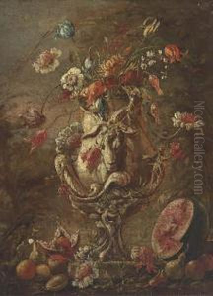 Tulips, Narcissi And Other 
Flowers In A Suclpted Urn, With Apples,pears, Pomegranates And Half A 
Melon In A Clearing Oil Painting by Andrea Belvedere