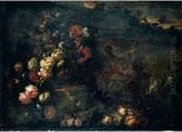 Still Life Of Flowers In A 
Sculpted Vase, Together With A Large Gilt Ewer, Carved Stone Reliefs And
 Fruit, Set Within A Landscape Oil Painting by Andrea Belvedere
