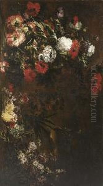 Peonies, Poppies, An Iris, A Tulip And Other Flowers In A Landscape Oil Painting by Andrea Belvedere