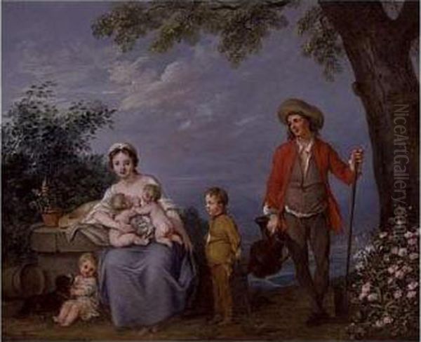 A Gardener And His Family In A Landscape Oil Painting by Jean Benard
