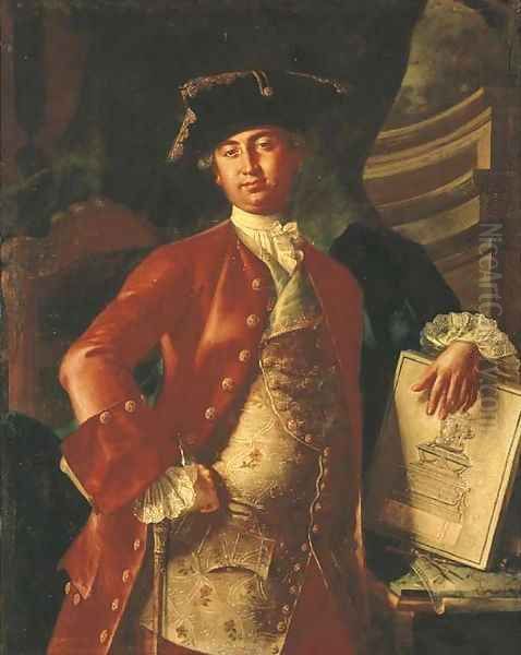 Portrait of a gentleman, three-quarter-length, in a red coat and embroidered waistcoat, holding a project for a monument Oil Painting by Giuseppe Bonito