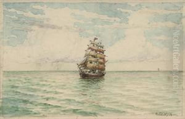 Frigate In Calm Water Oil Painting by Albert Nikolaivich Benua