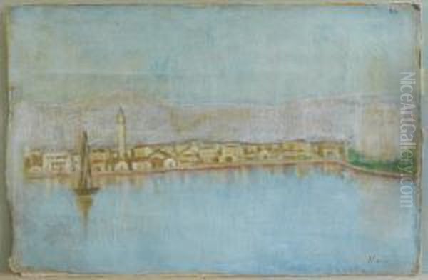 Benua, A. . Hafenszene Mit Segler Und Bergen Im Hintergrund Oil Painting by Albert Nikolaivich Benua