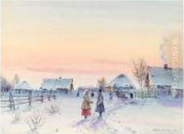 Wiinter Scene In Provincial Russia Oil Painting by Albert Nikolaivich Benua