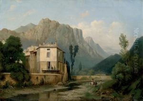 Village Alpestre En Bordure De Ruisseau Oil Painting by Jean Achille Benouville