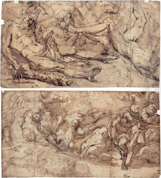 Recto : A Battle Scene; Verso : 
Three Figures, After The Ceiling Decoration Of The Salone Dei Giganti In
 Palazzo Doria Oil Painting by Giulio Benso