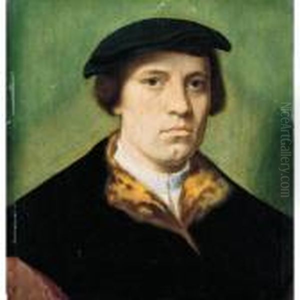 A Portrait Of A Gentleman, Head 
And Shoulders, Wearing A White Shirt And A Black Fur-lined Coat Oil Painting by Ambrosius Benson