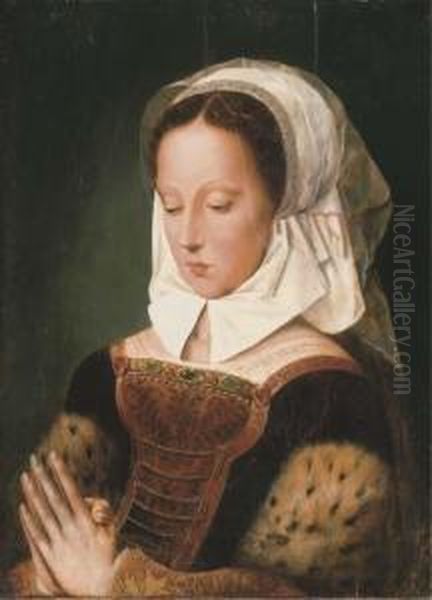 A Sibyl, Half-length, In A 
Fur-trimmed Black And Gold Embroidereddress And White Headdress Oil Painting by Ambrosius Benson