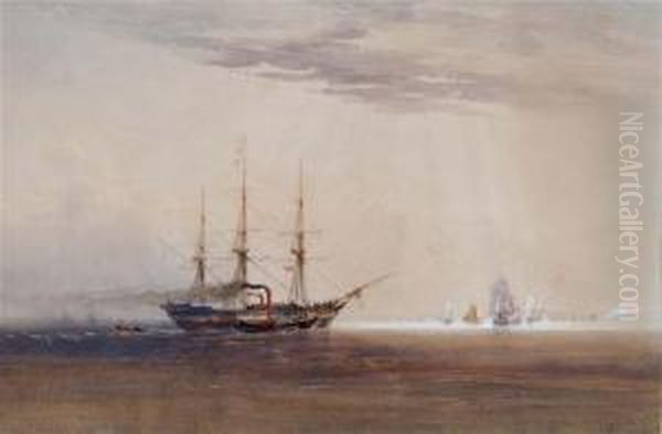 A Three Masted Sailing Vessel 
And Paddle Steamer In Calm Waters With Further Shipping In The Distance Oil Painting by Charles Bentley