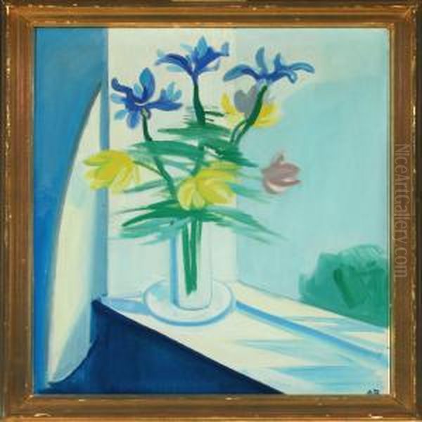 Flowers On A Windowsill Oil Painting by Axel Bentzen