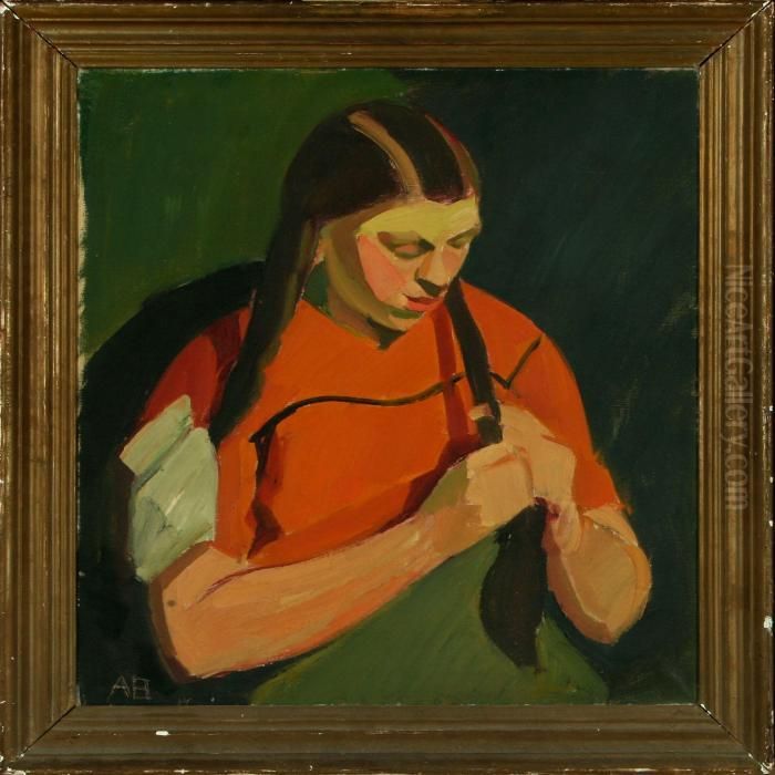 Young Girl Plaiting Herhair Oil Painting by Axel Bentzen