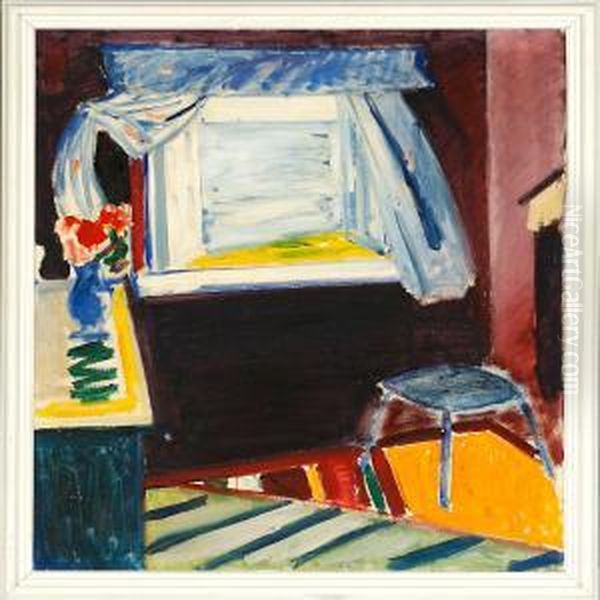 Interior Med Rod Blomst Oil Painting by Axel Bentzen