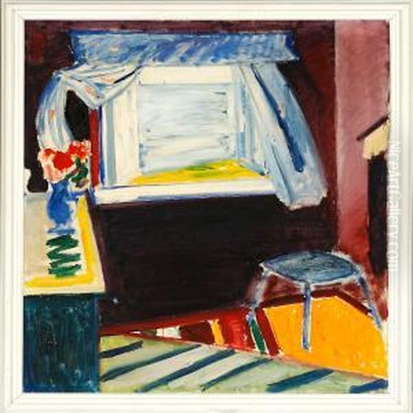 Interior Med Rodblomst Oil Painting by Axel Bentzen