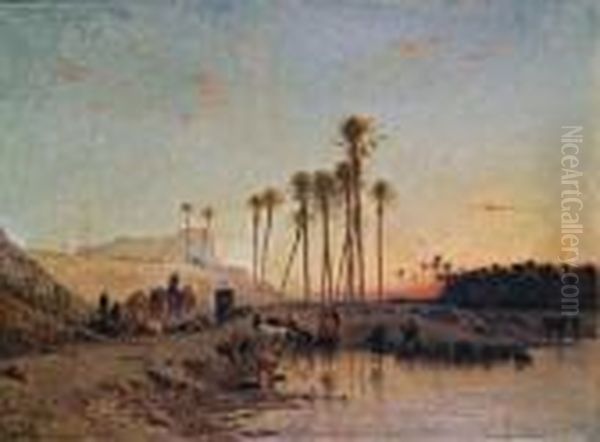 Memphis-cavaliers Au Bord Du Nil
 Huile Sur Toile, Signee Et Situee En Bas A Gauche Oil Painting by Narcisse Berchere