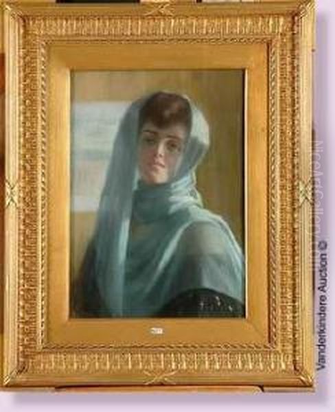 Portrait De Femme Au Voile Bleu Oil Painting by Emile Berchmans
