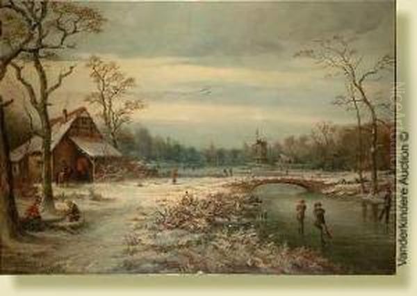 Paysage Hivernal Aux Patineurs Oil Painting by Emile Berchmans
