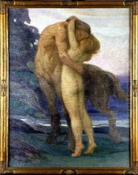 [le Centaure Amoureux.] Huile 
Sur Toile. Au Dos Une Etiquette Du Ministere De L'education Nationale De
 La Culture Francaise. Exposition 