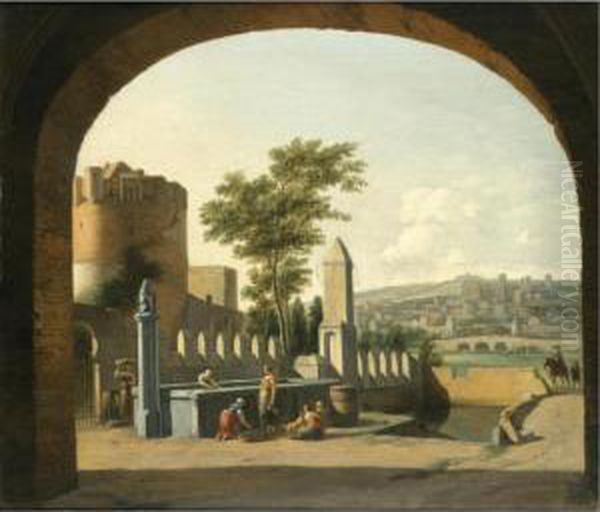 Women Gathered Around A Fountain
 Outside A Castle With A Gentleman Approaching On Horseback With His 
Footman Oil Painting by Gerrit Adriaensz Berckheyde